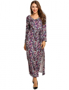 

Purple Women Fashion Retro V-Neck Long Sleeve High Waist Floral Side Slit Maxi Casual Dresses, Multicolor