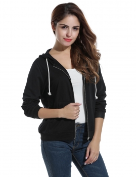 

Black Active Casual Hooded Full Zip Solid Hoodies, Multicolor