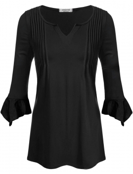 

Black Pleated Ruffled 3"4 Sleeve V-Neck Solid Slim Pullover Tunic, Multicolor