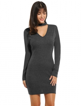 

Zeagoo Gray Women's Halter V-Neck Long Sleeve Solid Cocktail Bodycon Mini Going Out Dresses, Multicolor