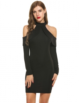 

Black Halter Long Sleeve Cold Shoulder Ruffles Bodycon Party Mini Going Out Dresses, Multicolor