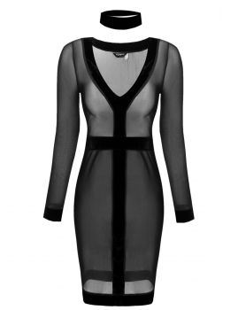 

Black V-Neck Long Sleeve Sheer Mesh Bodycon Dress, Multicolor