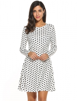 

New Women Casual O-Neck Long Sleeve Dot Pleated Pullover A-Line Dress, Multicolor