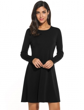 

Black New Women Casual O-Neck Long Sleeve Solid Pleated Pullover Dress, Multicolor
