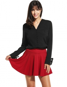 

Long Sleeve V Neck Solid Slim Button Down Blouse, Multicolor