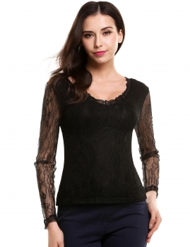 

Black Lace Double V Neck Patchwork Slim Pullover Long Sleeve Blouse, Multicolor