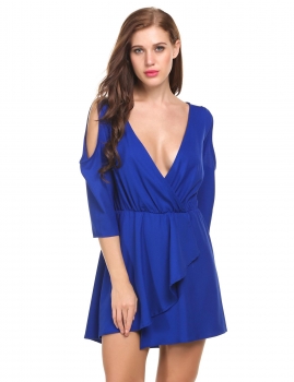 

Blue Deep V-Neck Cold Shoulder Backless Skater Going Out Dress, Multicolor