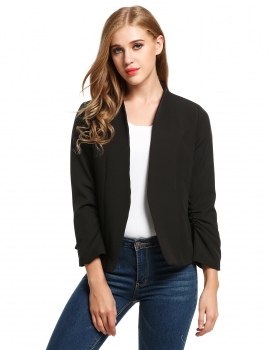 

Black Collarless Ruched Long Sleeve Open Front Slim Casual Blazer, Multicolor