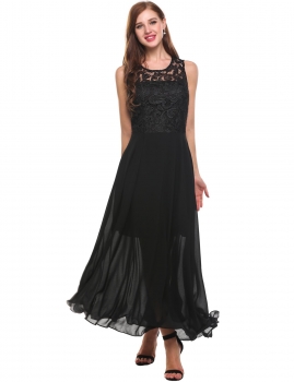 

Black O-Neck Sleeveless Backless Hollow Out Bandage Lace Patchwork Chiffon A-Line Pleated Hem Tunic Maxi Dress, Multicolor