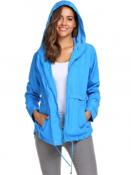 

Blue Long Sleeve Drawstring Mesh Lining Solid Hooded Utility Jackets, Multicolor