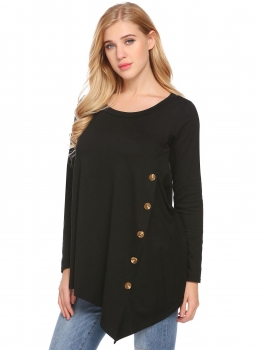 

Black Women Long Sleeve Asymmetrical Hem Casual Button Embellished Top Tunic Shirts, Multicolor