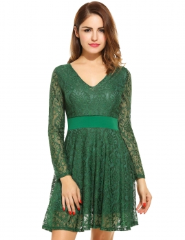 

Women Fashion Elegant V-Neck Long Sleeve Hollow Floral Lace Evening Party A-Line Short Dress, Multicolor