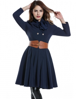 

Women Turn Down Collar Double-breasted Pleated Swing Trench Coat with Belt, Multicolor