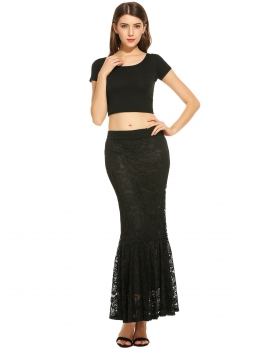 

Women Elastic Waist Hollow Floral Lace Long Maxi Mermaid Skirt, Multicolor