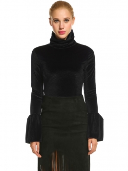 

Black Turtleneck Long Flare Sleeve Solid Lint Elastic Casual Tops, Multicolor