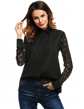 

Black Turn Down Collar Long Sleeve Hollow Floral Lace Button T-Shirts, Multicolor