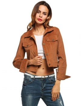 

Coffee Turn Down Collar Long Sleeve Button Down Short Corduroy Cord Jacket, Multicolor