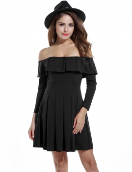 

Black Off Shoulder Ruffles Long Sleeve Pleated Party Dress, Multicolor