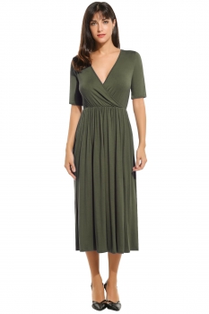 

Army green New Women V-Neck Mid Calf Length Short Sleeve Elastic High Waist Casual Dresses, Multicolor