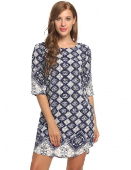 

Dark brown Women Casual 3"4 Sleeve Print O Neck Pullover Straight Dress, Multicolor