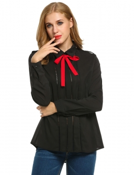 

Black Turn Down Collar Long Sleeve Hollow Solid Shirts & Blouses, Multicolor