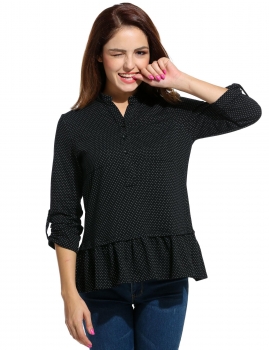 

Black Stand Collar Long Sleeve Dot Ruffle Shirts & Blouses, Multicolor