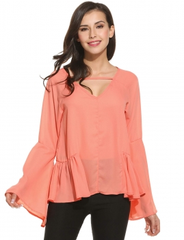 

Pleated V-Neck Long Flare Sleeve Solid Ruffle Hem Pullover Chiffon Top, Multicolor