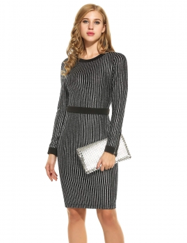 

New Women Sexy O-Neck Long Sleeve Gold Stamping Striped Party Bodycon Tunic Dress, Multicolor