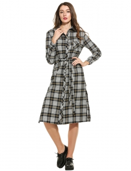 

Black New Women Casual Turn-down Collar Long Sleeve Plaid Side Split Shirt Dress, Multicolor