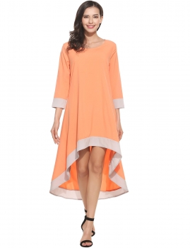 

Orange New Women Casual O-Neck Long Sleeve Patchwork Pleated Asymmetrical Hem Pullover Dress, Multicolor