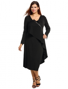 

Black Plus Size Asymmetrical Split Hem Ruffled Side Dress, Multicolor