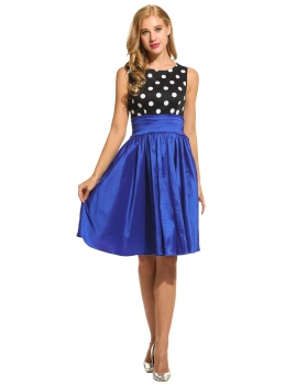 

Black Women Sleeveless Dot Patchwork O Neck Vintage Style Casual Dresses, Multicolor