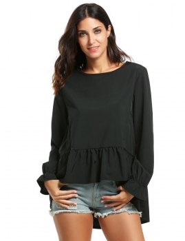 

Black Long Sleeve Solid Ruffles High Low Hem Loose Blouse, Multicolor
