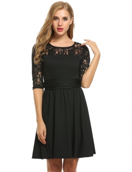 

Black Lace Crochet 3"4 Sleeve Pleated Wedding Bridesmaid Dresses, Multicolor
