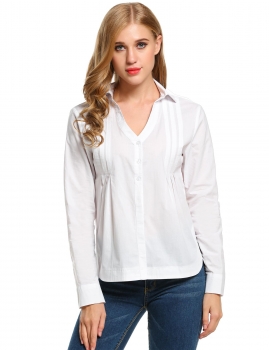 

White Long Sleeve V-neck Solid Pleated Shirts & Blouses, Multicolor