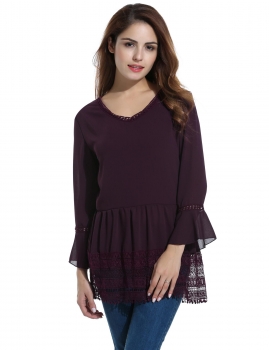 

Dark red ACEVOG Dark red V-Neck Flare Sleeve Lace Chiffon Tunics, Multicolor