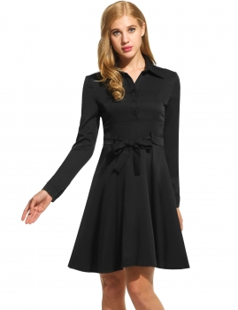 

New Women Casual Turn-down Collar Long Sleeve Solid Shirt Dress, Multicolor