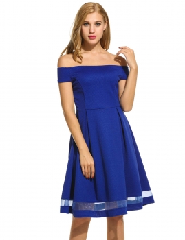 

Blue Slash Neck Solid Pleated Off Shoulder Casual Dress, Multicolor