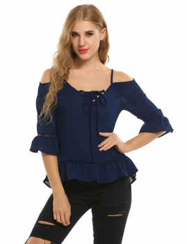 

ACEVOG Blue Lace Up Cold Shoulder 3"4 Sleeve Ruffles Chiffon Blouse Casual Tops, Multicolor