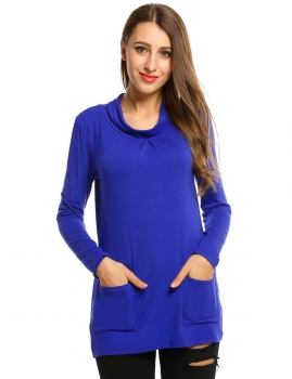

Zeagoo Blue Cowl Neck Long Sleeve Solid Pocket Tunics, Multicolor