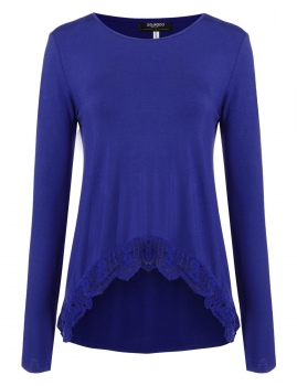 

Zeagoo Blue Long Sleeve Asymmetrical Lace Trim Loose Tunics, Multicolor