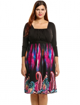 

Black New Women Square Collar Three Quarter Sleeve Pleated Prints Plus Size Casual Dresses, Multicolor