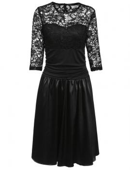 

New Women Sexy O-Neck Three Quarter Sleeve Lace Patchwork Pleated Plus Size Dress, Multicolor
