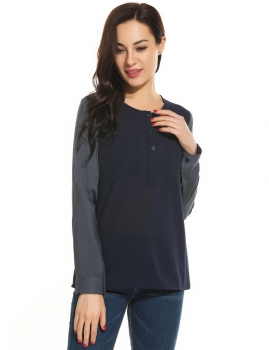

Half Button Roll Up Sleeve High-Low Hem Patchwork Pocket Top, Multicolor