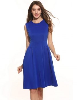

Blue New Women Vintage Styles O-Neck Sleeveless Slim Pleated A-Line Hem Tank Dress, Multicolor