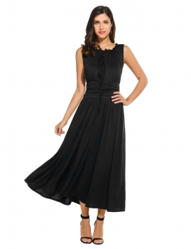 

New Women Casual V-Neck Sleeveless Lace-up Pleated Tunic Pullover Solid Elastic Maxi Dress, Multicolor