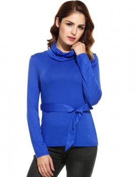 

Turtleneck Solid Slim Belt Pullover Top, Multicolor