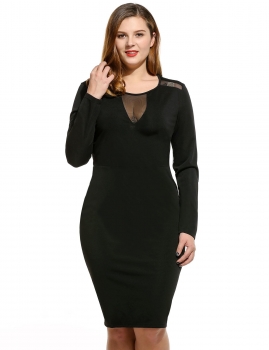 

Women Plus Sizes Round Neck Long Sleeve Sheer Mesh Patchwork Party Bodycon Pencil Dress, Multicolor