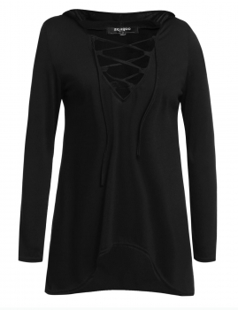 

Black Long Sleeve Lace Up Hooded Irregular Hem Blouse T-Shirts, Multicolor