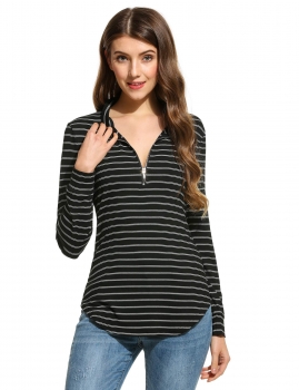 

Zeagoo Black Stand Collar Long Sleeve Half Zip Striped Irregular Hem Tunics T-Shirts, Multicolor